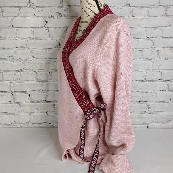 'ELLOS' TIE~WAIST CARDIGAN WRAP AZTEC CONTRASTING TRIM SOFT, ADJUSTABLE SWEATER - Picture 4 of 15